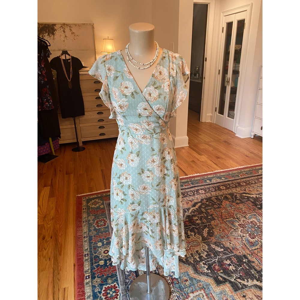 Altard State Florentina Sage Green Floral Swiss Dot High Low Midi Dress